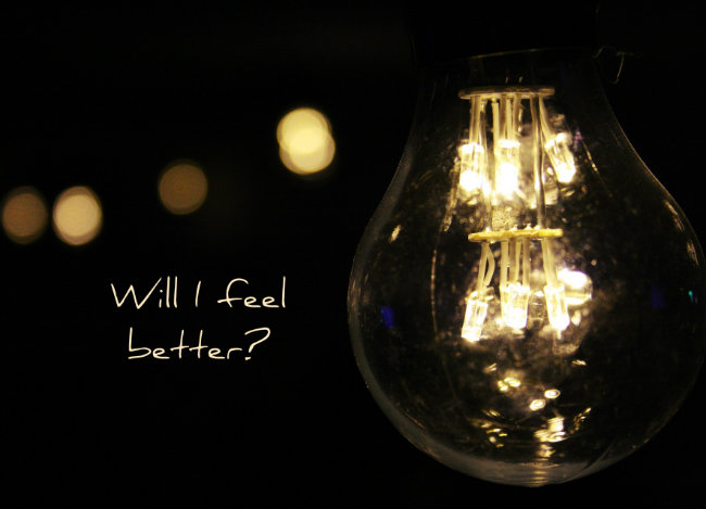 "Will I feel better?" poster with light bulbs on black background